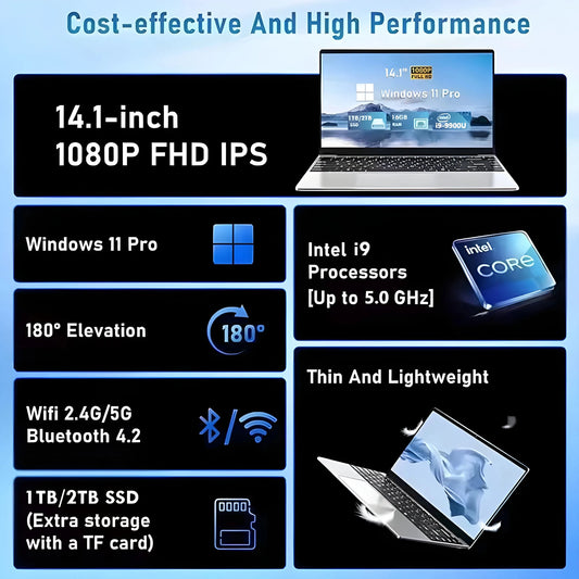 14.1 pouces Intel Core I9 9900U Windows 11 ordinateur portable 32GB DDR4 1 to 2 to SSD bureau ordinateur portable de jeu 1920*1080 HD - GadgetsPerformance