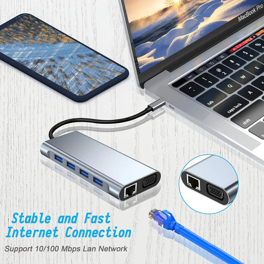 11 in 1 Type-c USB 3.0 Hub Multi-Port Laptop Docking Station Type C to 4K HDMI VGA PD RJ45 for MacBook Pro Air
