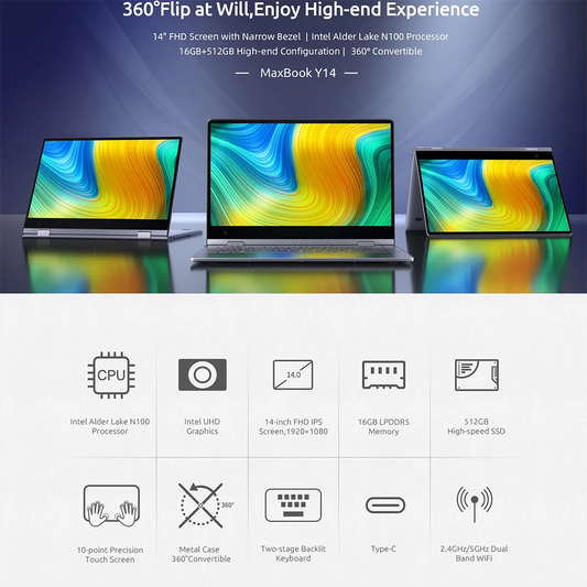 BMAX Y14 2025: Portable 360° 14 Pouces, 16Go RAM LPDDR5, 512Go SSD, Windows 11 - GadgetsPerformance