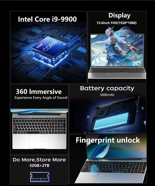 Nouveau 15.6 "ordinateur portable Intel Core I9 - 9900 32GB 2 to Windows 11 ordinateur de jeu PC Gamer bureau étude Ultra mince ordinateur portable 1920*1080 HD - GadgetsPerformance