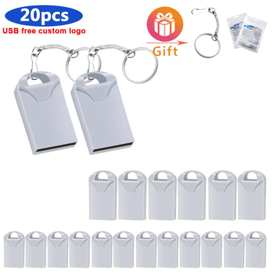 20pcs/lot Custom Logo Metal USB 2.0 Flash Drive Pendrive 64GB 34GB 16GB 8GB 4GB Pen Drive Cle USB on Key Memory For Wedding Gift
