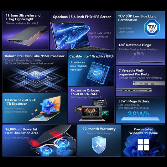 Blackview AceBook 6 15,6" FHD IPS Intel N150 16 Go RAM 512 Go SSD Windows 11 - GadgetsPerformance