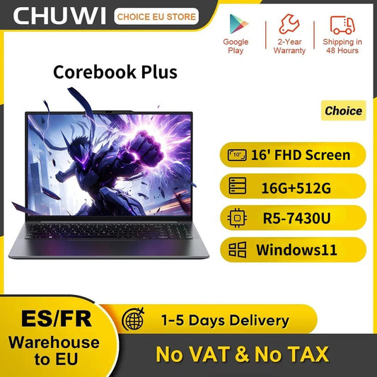 CHUWI CoreBook Plus 16 pouces ordinateur portable R5 - 7430U 6 cœurs FHD écran ordinateur portable de jeu 16GB RAM 512GB SSD corps en métal ordinateur portable avec refroidisseur - GadgetsPerformance