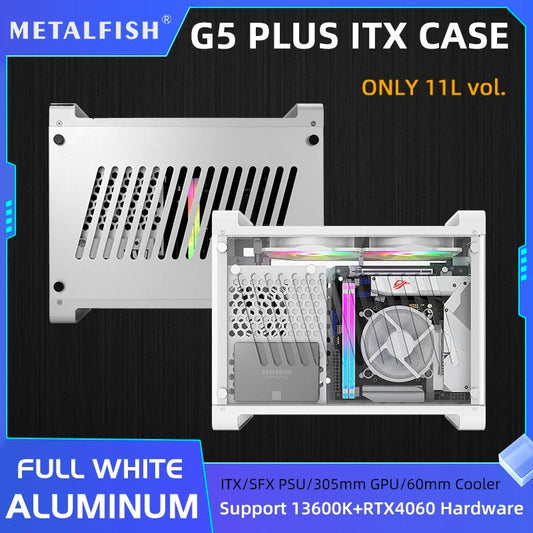 METALFISH G5 Plus Aluminum ITX White Case Suitcase Portable PC Gaming Computer Small Chassis Support SFX PSU/306mm GPU/12cm Fan - GadgetsPerformance