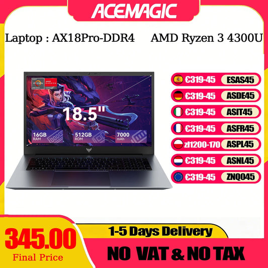 Ordinateur portable ACEMAGIC 18,5 pouces, Windows 11 PRO, batterie 7000 mAh, processeur AMD Ryzen 3 4300U, 16 Go de RAM DDR4, 512 Go de SSD, Wifi5 - GadgetsPerformance